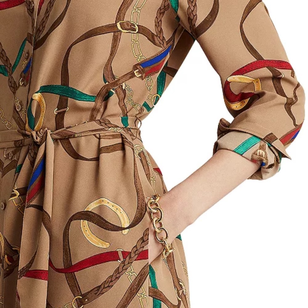 Ralph Lauren Beige Long-Sleeve Chain Print Shirt Dress - Picture 3 of 5